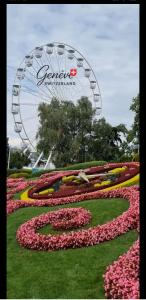 a garden of flowers in front of a ferris wheel at Appartement face à la Gare in Annemasse