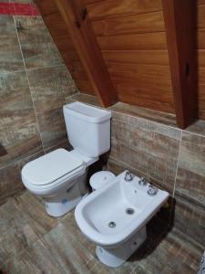 a bathroom with a toilet and a sink at La cabañita de Lali in Monte Hermoso