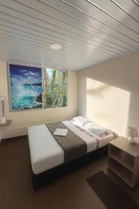 a bedroom with a large bed and two windows at Hotel Arboleda de Cádiz in Ibagué