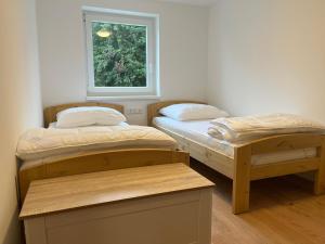 two beds in a room with a window at 4-Steine-Blick, Wohnung 2 in Schöna