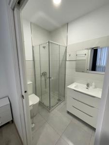 a bathroom with a shower and a toilet and a sink at Paseo Malecón Hab in Monforte de Lemos +19 photos