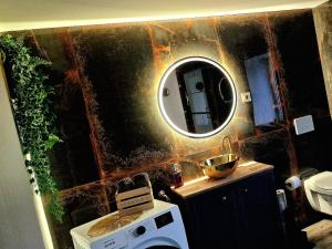 a bathroom with a mirror on the wall and a sink at Mefady Ferienhaus Stadtkyll in Stadtkyll +35 photos