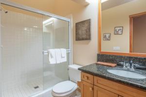 a bathroom with a shower and a toilet and a sink at Snowcreek V 756 in Mammoth Lakes