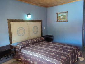 une chambre avec un lit dans une pièce bleue dans l'établissement Paraiso del bosque, à Creel