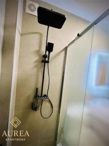 une douche avec un tuyau fixé à un mur dans l'établissement AUREA Apartment, à Prizren