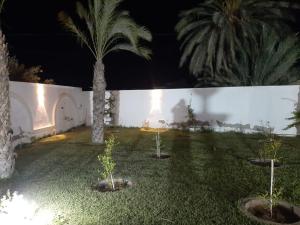 a courtyard with two palm trees and a white wall at Villa privee Narjess grande piscine et jacuzzi in Taguermess