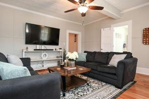 a living room with a couch and a tv at The Bulldog Farmhouse - 100 year old home in Athens