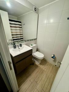 une salle de bain avec toilettes, lavabo et miroir dans l'établissement Lindo y cómodo apartamento en Santiago centro, à Santiago 4 autres photos