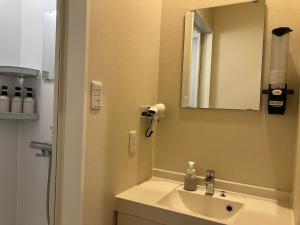 a bathroom with a sink and a mirror at 遊学の宿いさみや 