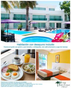 a collage of photos of a hotel with breakfast food at Hotel Los Cocos Chetumal in Chetumal