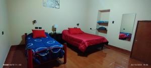 a bedroom with a bed and a red blanket and a mirror at Alojamiento Temporal MartinaS in San Fernando del Valle de Catamarca