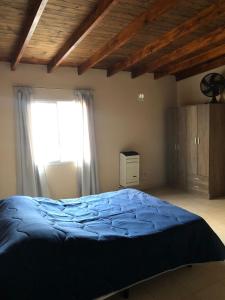 une chambre avec un lit bleu et une fenêtre dans l'établissement Departamento Patagonia Alegre, à Puerto Madryn