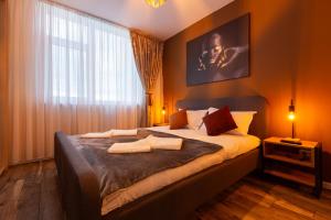 ティミショアラにあるMara Luxury Golden Art, Apartment PLUS Free Parkingの大きなベッドと大きな窓のある寝室