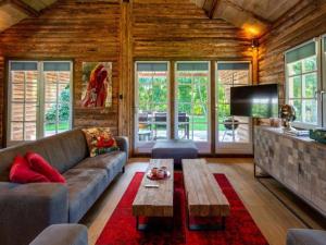 a living room with a couch and a tv at Spacious wooden chalet with covered terrace in Schaluinen