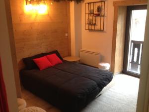 a bedroom with a black bed with a red pillow at Studio cosy pour 4 à Samoëns - FR-1-846-4 in Samoëns