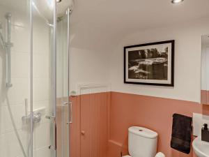 a bathroom with a shower and a toilet and a sink at 2 Bed in Leyburn 93162 in Leyburn +17 photos