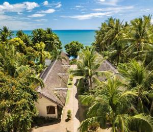 an aerial view of a resort with palm trees and the ocean at AGM Beachfront Resort in Donsol