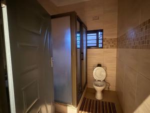 een badkamer met toilet in een hokje met een deur bij Spacious Modern 3-Bedroom Foxdale in Foxdale Estates +50 foto's