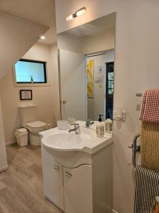 Un baño con lavabo, inodoro y espejo. en Forest Waters Bungalow, en Haruru