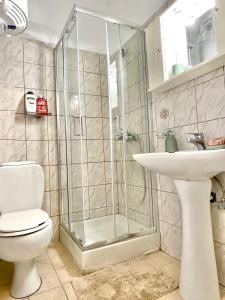 Un baño con ducha, inodoro y lavabo. en Casa Zoe, en Igoumenitsa 19 fotos más