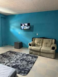 a living room with a couch and a tv on a blue wall at Loft en Puebla in El Gallinero +3 photos