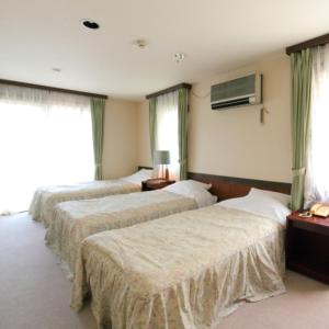 Una habitación de hotel con tres camas y una ventana. en 箱根エレガンス, en Hakone