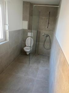 a bathroom with a shower and a toilet at HAI1 - Morderne Unterkunft mit Einzelzimmer in Hainburg