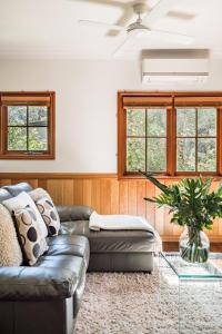 ein Wohnzimmer mit einem Ledersofa und Fenstern in der Unterkunft Beautiful 2BR Rainforest Retreat Free Wifi in Springbrook