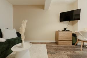a living room with a couch and a tv at Le Velours in Valence