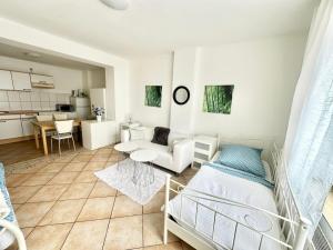 SpichにあるWorkers Apartment Troisdorf Spichのベッドとリビングルームのある寝室