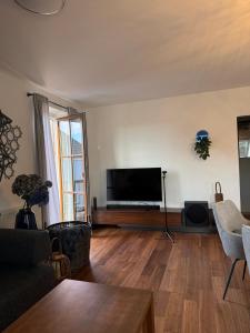 Una sala de estar con un televisor de pantalla plana en una pared. en Das Genner - Suite am Bisamberg, en Klein-Engersdorf