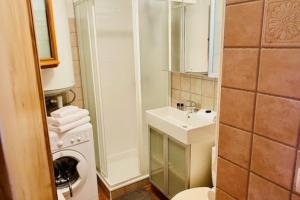 a small bathroom with a sink and a washing machine at Alpine Cocoon at 5 min On foot from the cable car in Les Houches