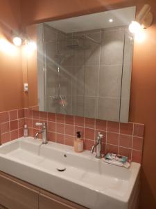 a bathroom with a white sink and a mirror at Chambre sérénité Montreuil in Montreuil