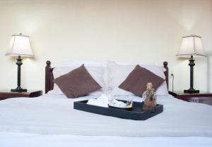 Una cama blanca con dos lámparas y una bandeja. en Hostal Santiago de Los Caballeros en León