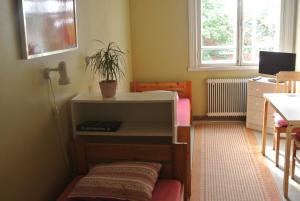 Habitación con escritorio y maceta. en Porvoo Hostel en Porvoo