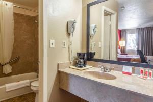 a bathroom with a sink and a toilet and a mirror at Econo Lodge Meridian South in Meridian +67 photos