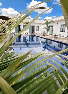 a view of a swimming pool through a palm leaf at The Step Hotel kampot in Kampot