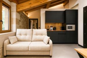 a living room with a couch and a kitchen at Solatsu Baserria - Apartamentos Rurales in Elorrio