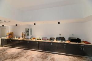 a large kitchen with a long counter in a room at Johann Strauss Hotel in Bucharest