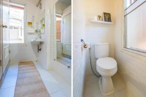 Dos imágenes de un baño con inodoro y lavabo. en OYO 895 The Onion Hostel, en Bangkok 119 fotos más