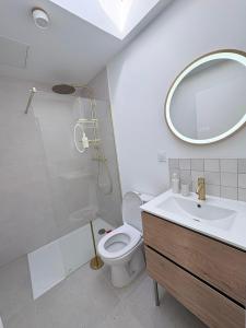 a bathroom with a sink and a toilet and a mirror at Location Maison Larmor plage in Larmor-Plage +13 photos