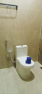 a bathroom with a toilet with a blue bowl on it at THE FARM CREST, ECR KADALLUR in Kūvattūr