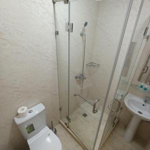 a bathroom with a shower and a toilet and a sink at Grand Caravan Hotel in Yakkasaray