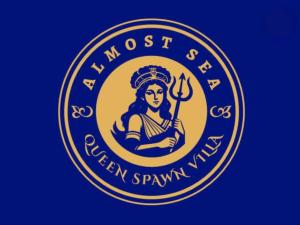 a logo of a woman with a trident in a circle at Villa Spawn - Almost Sea in Mytikas