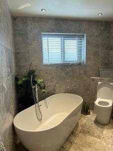 a white bath tub in a bathroom with a toilet at Lanrest in Talacre +11 photos