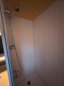a shower stall with a shower head in a bathroom at chalet montana 5_4 pers in Roquefeuil