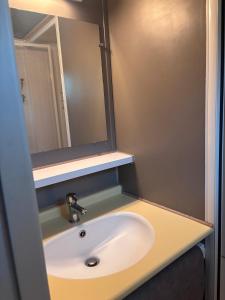 a bathroom with a sink with a mirror and a mirror at chalet montana 5_4 pers in Roquefeuil