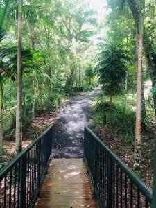 a walking path through a forest with a fence at Ecoasis Mami Wata Rainforest Haven in Uki