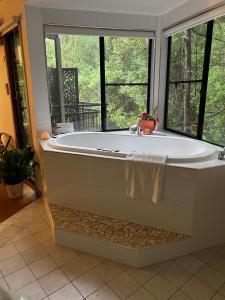 a bath tub in a bathroom with a window at Ecoasis Mami Wata Rainforest Haven in Uki