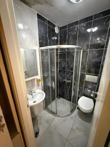 een badkamer met douche, toilet en wastafel bij Şişli Suites - Room42 in Istanbul